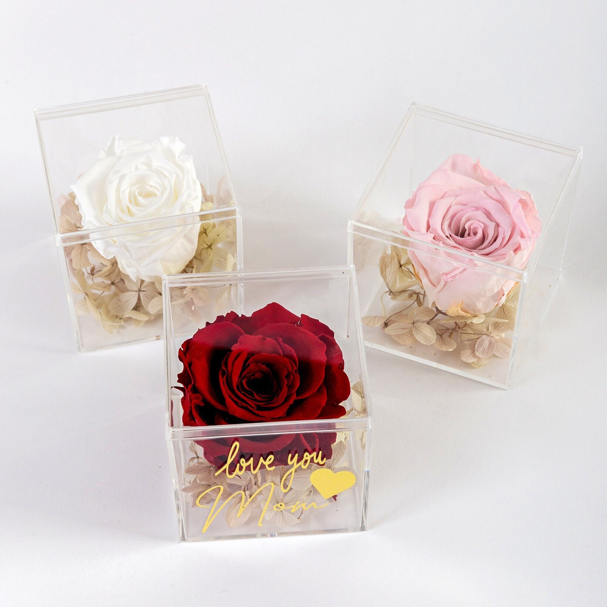 Boîte Acrylique Tiroir, 4 Roses Rose Foncé