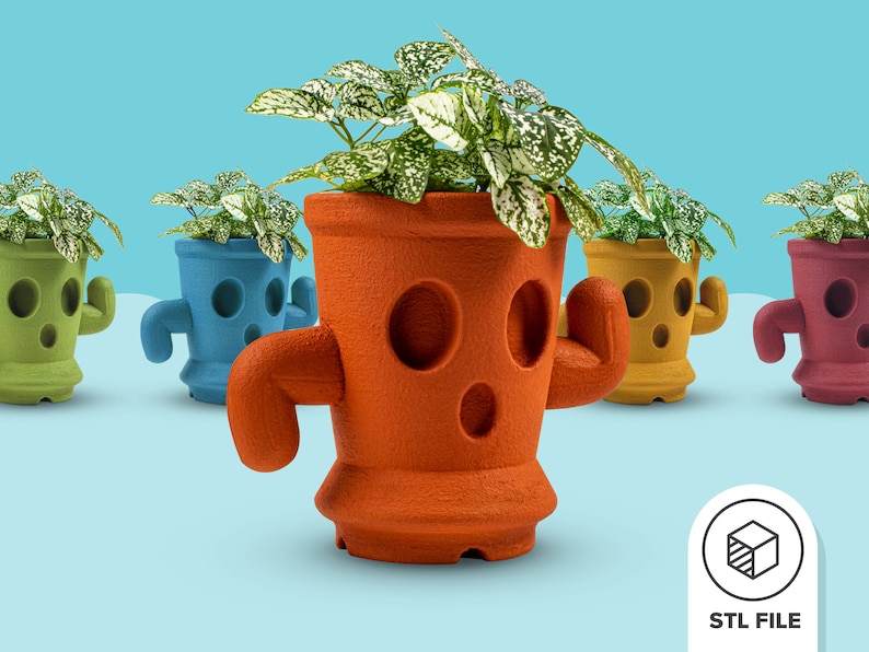 May include: Five colourful planters with cartoon faces and arms, each holding a small plant. The planters are orange, green, blue, yellow, and red. The plants are all green and white.