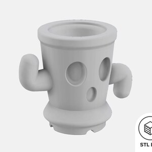 May include: A grey 3D printed planter with two arms and a face. The planter is designed to look like a cartoon character. STL FILE.