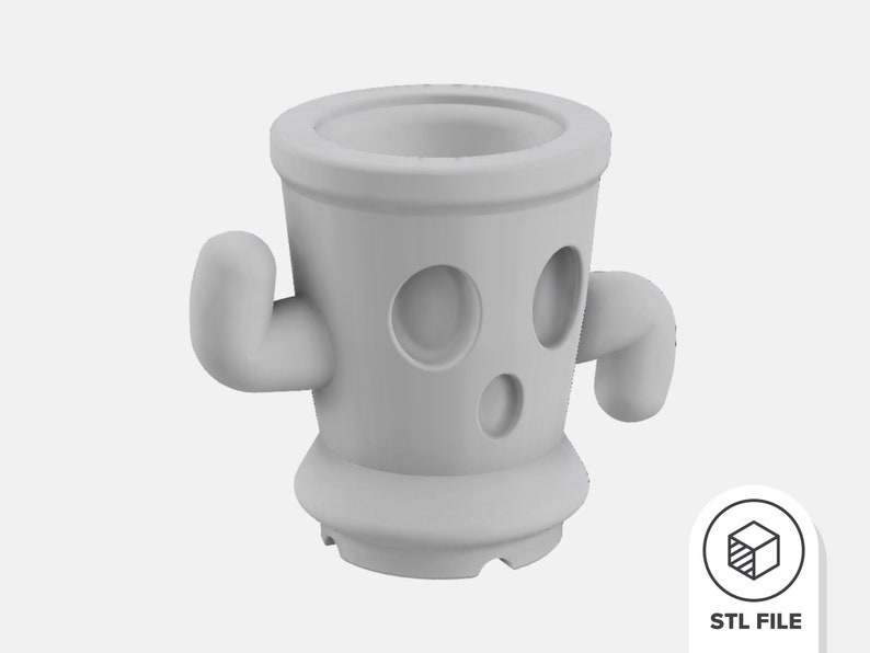 May include: A grey 3D printed planter with two arms and a face. The planter is designed to look like a cartoon character. STL FILE.