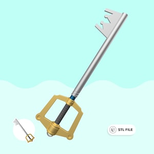 Può includere: Una Keyblade stampata in 3D argentata e dorata con un foro a forma di corona. La Keyblade è un'arma popolare della serie di videogiochi Kingdom Hearts. STL FILE.