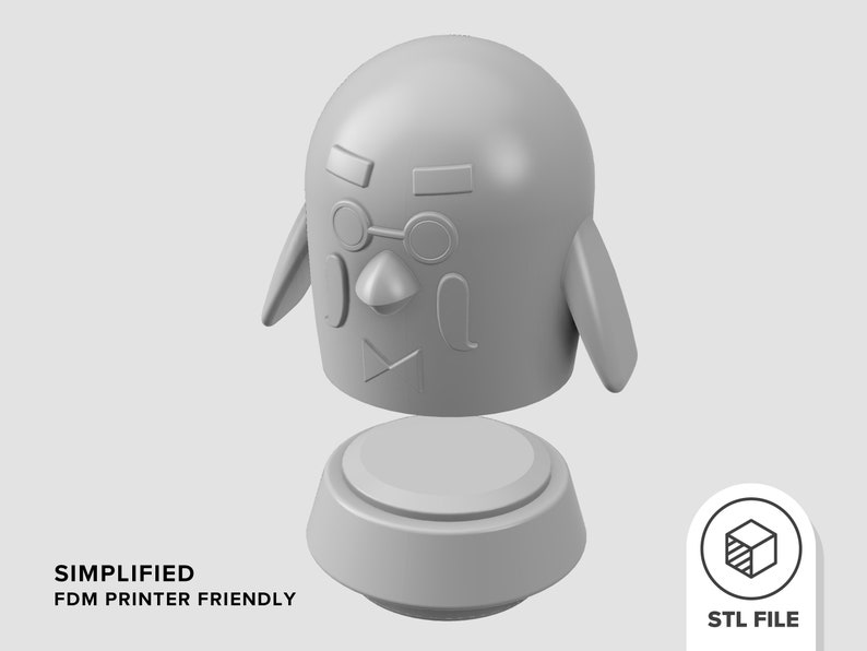 Pu&ograve; includere: Un modello 3D stampato di un personaggio dei cartoni animati semplificato con occhiali e un becco. Il modello &egrave; stampato in grigio ed &egrave; pronto per essere assemblato. FILE STL.