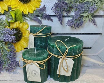 Rustic Scalloped Pillar Candle Emerald Green