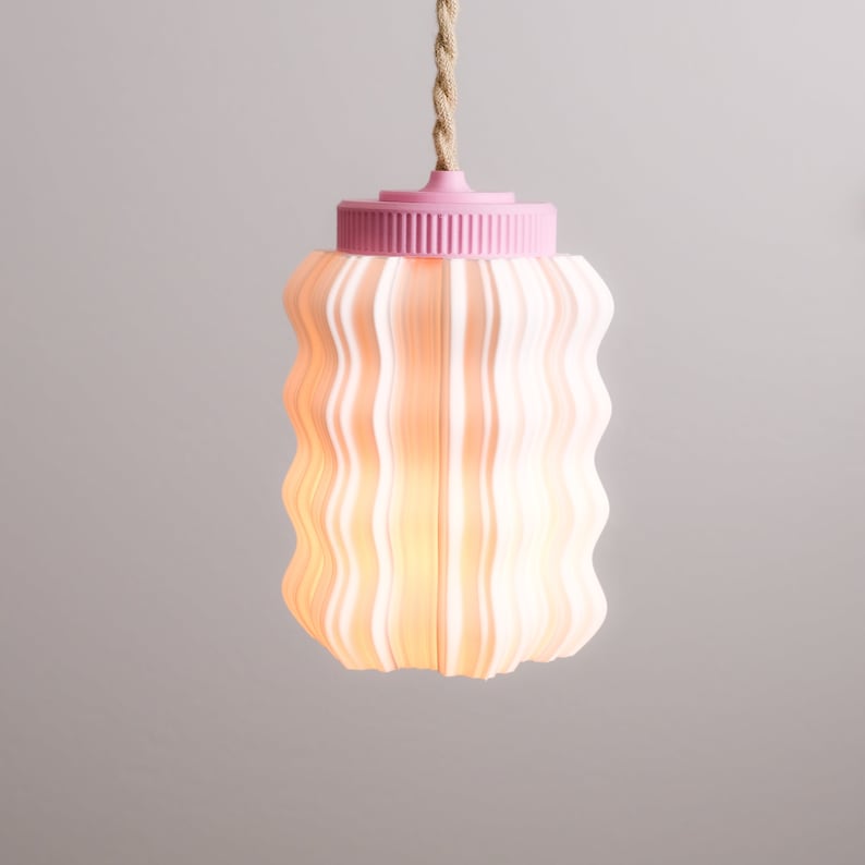 Hanging squiggly lamp | 3d printed pendant light with 10 ft braided cord | Pink pendant light | Designed by: Made by Morii