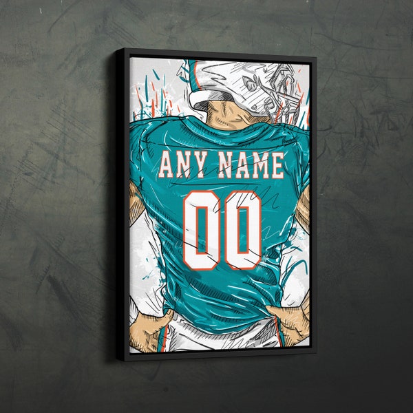 Miami Dolphins Jersey Personalized Jersey NFL Custom Name and Number Canvas Wall Art Home Decor Framed Poster Man Cave Gift
