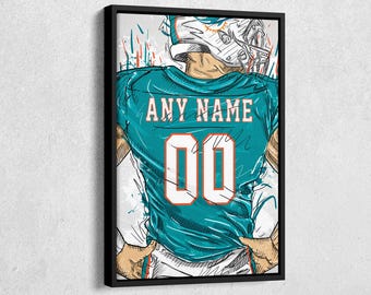 Miami Dolphins Jersey Personalized Jersey Football Custom Name and Number Canvas Wall Art Home Decor Framed Poster Man Cave Gift
