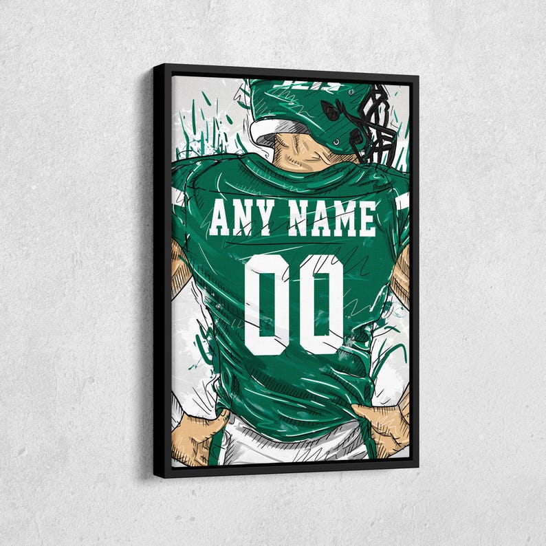 New York Jets Jersey Personalized Jersey NFL Custom Name and Number Canvas Wall Art Home Decor Framed Poster Man Cave Gift Modern Black Frame