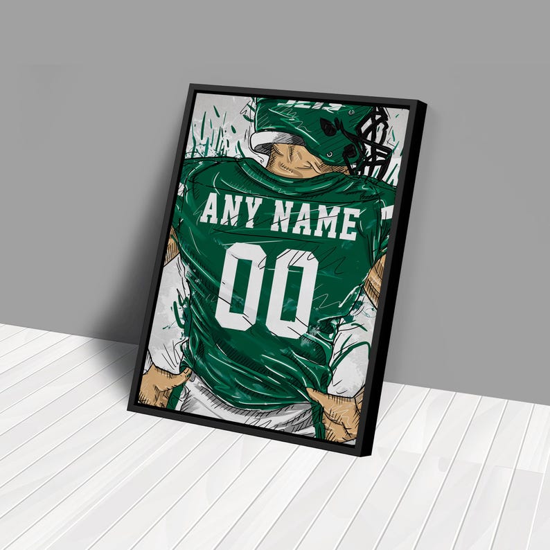 New York Jets Jersey Personalized Jersey NFL Custom Name and Number Canvas Wall Art Home Decor Framed Poster Man Cave Gift image 3