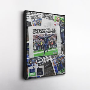 May include: Framed artwork with newspaper clippings celebrating the Seattle Seahawks' Super Bowl LX win. The central image shows a player celebrating on the field, with headlines like "SUPER BOWL LX CHAMPIONS!" and game scores.