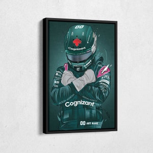 Puede incluir: Una ilustración digital de un piloto de carreras que lleva un traje de carreras verde con las palabras "Cognizant" y "Aston Martin" en él. El piloto lleva un casco verde con el número "00" en él. El fondo es de color verde oscuro.