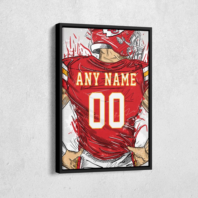 Kansas City Chiefs Jersey Personalized Jersey Football Custom Name and Number Canvas Wall Art Home Decor Framed Poster Man Cave Gift Modern Black Frame