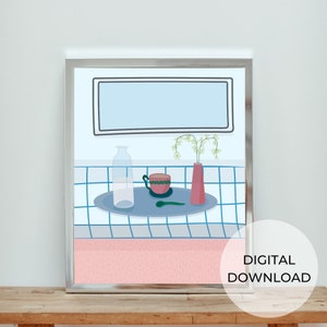 Pink And Blue Kitchen Wall Art, Dining Table Illustration, Tea Cup Printable Design, DIGITAL DOWNLOAD