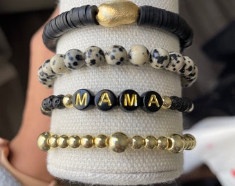 Neutral Personalized Beaded Bracelet Stack, Black and Gold Beaded Bracelets