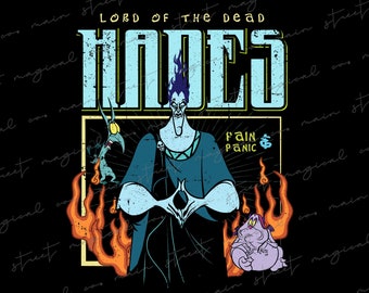 May include: A vintage-style graphic featuring Hades, the Greek god of the underworld, with flames and the text "Lord of the Dead" and "Pain Panic".