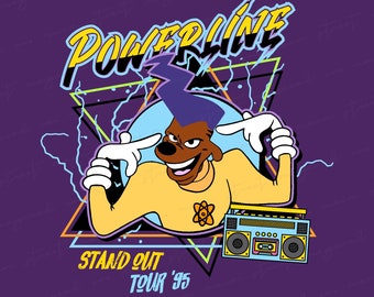 May include: A cartoon dog with a lightning bolt hairstyle wearing a yellow shirt with an atom symbol and a boombox. The text "POWERLINE" is in a large font above the dog. The text "STAND OUT TOUR '95" is below the dog. The text "DIGITAL FILE ONLY" is at the bottom of the image.