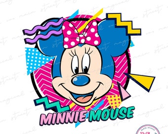 May include: A colorful illustration of Minnie Mouse in a pink bow with white polka dots. The image is surrounded by geometric shapes in pink, blue, yellow, and white. The text "MINNIE MOUSE" is written in pink, blue, and yellow letters.