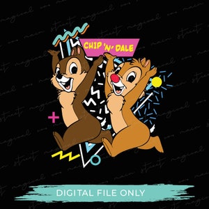 May include: Chip 'n Dale cartoon characters in a retro 90s style design. The characters are running and jumping with a pink banner that says "Chip 'n Dale".