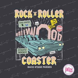 May include: A retro-style illustration of a roller coaster with a car shaped like a vintage car. The coaster is going through a tunnel with the word "HOLLYWOOD" written on it. The text "ROCK 'N' ROLLER COASTER" is written in a bold, yellow font. The text "BACK STAGE PASSES" is written in a smaller font below the coaster.
