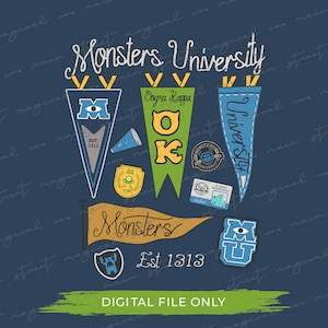 Puede incluir: Un archivo digital que presenta un fondo azul con una variedad de banderines y parches coloridos. Los banderines muestran el texto "Monsters University" y "Cogna Kappa". Los parches muestran el texto "Monsters University" y "M.U.". El texto "Digital File Only" está impreso en verde en la parte inferior de la imagen.