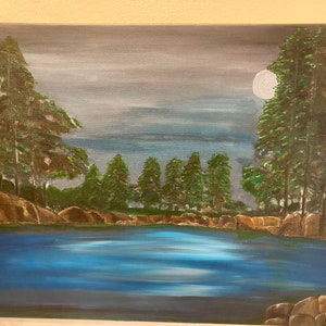 Mystical Moonlight,Original Painting, Wall Art,  Mystical Allure, Forest Painting, Moon Water Night, Vintage Painng, Green Forest Landscape.