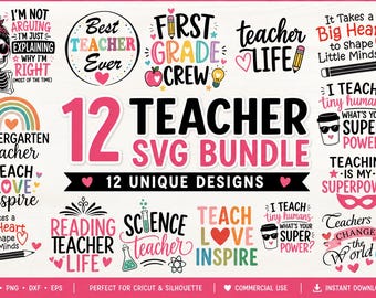 12 Teacher SVG Bundle | Funny, Inspirational Designs (Digital Download)