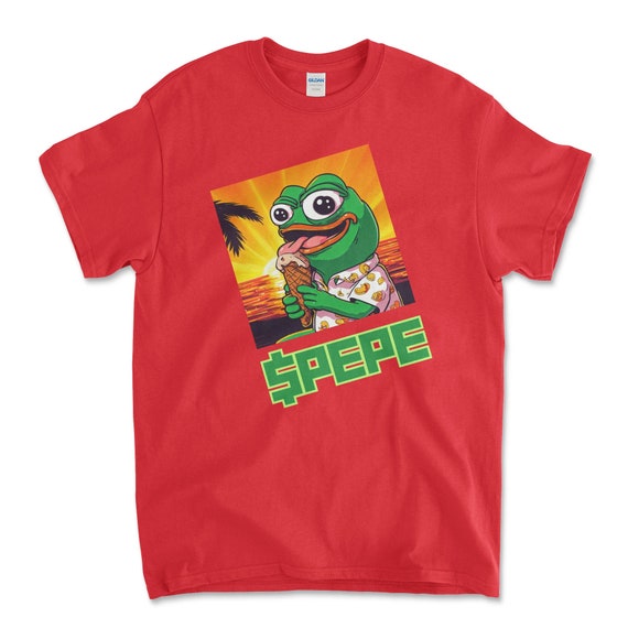 Crypto PEPE COIN Red Color T-Shirt. Unisex Heavy Cotton Tee UPC265