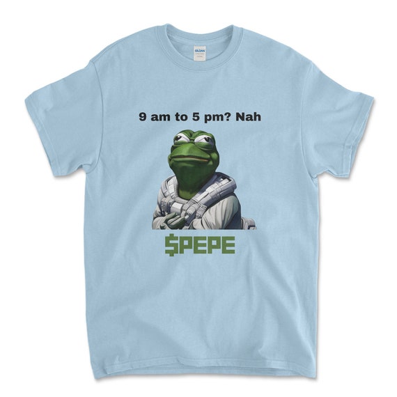 Crypto PEPE COIN Light Blue Color T-Shirt. Unisex Heavy Cotton Tee UPC248