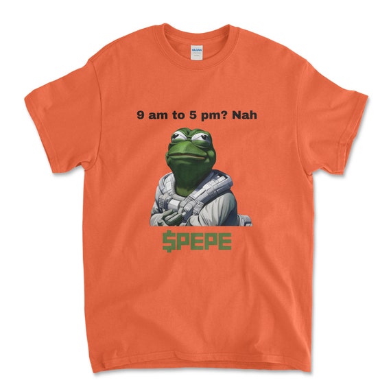 Crypto PEPE COIN Orange Color T-Shirt. Unisex Heavy Cotton Tee UPC246