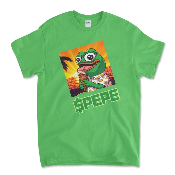 Crypto PEPE COIN Electric Green Color T-Shirt. Unisex Heavy Cotton Tee UPC261