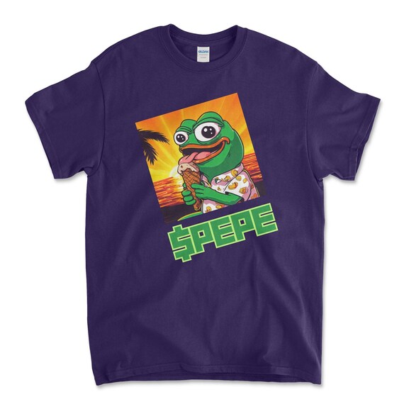 Crypto PEPE COIN Purple Color T-Shirt. Unisex Heavy Cotton Tee UPC264