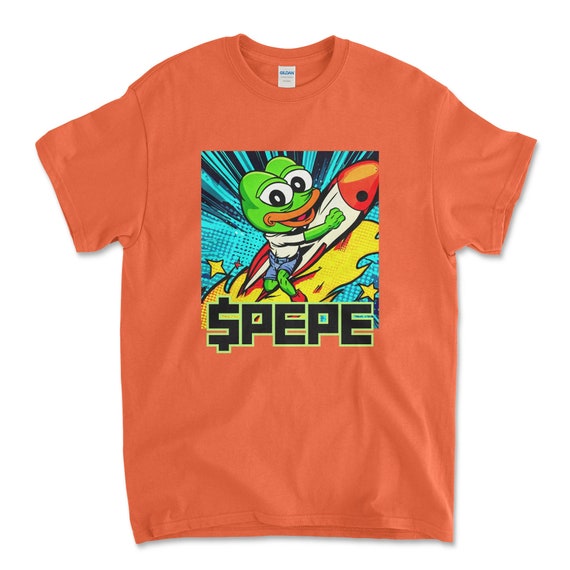Crypto PEPE COIN Orange Color T-Shirt. Unisex Heavy Cotton Tee UPC256