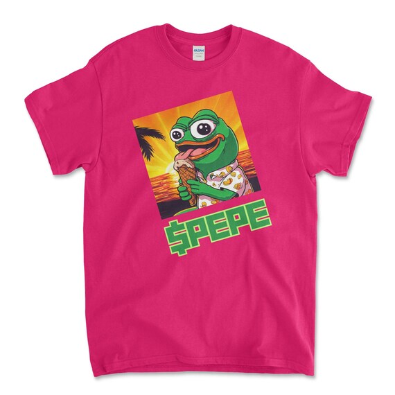 Crypto PEPE COIN Heliconia Color T-Shirt. Unisex Heavy Cotton Tee UPC262
