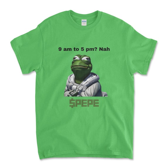 Crypto PEPE COIN Electric Green Color T-Shirt. Unisex Heavy Cotton Tee UPC244