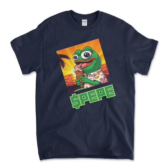 Crypto PEPE COIN Navy Color T-Shirt. Unisex Heavy Cotton Tee UPC263
