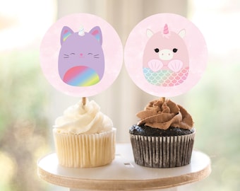 36 Toppers cupcake Squishmallows roses et violets, téléchargement instantané, fêtes d’anniversaire Squishmallows, toppers cupcake Squishmallows, fichier PDF