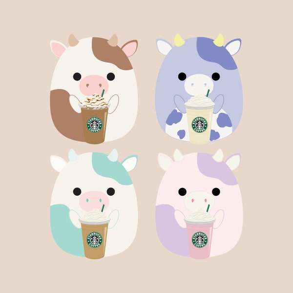 4 Squishmallows Cows Holding A Starbucks PNG Clipart Images with Transparent Backgrounds, INSTANT Download, Squishmallows Clipart Cow Bundle