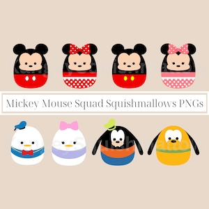 May include: Set of eight cartoon character squishmallows. The characters are Mickey Mouse, Minnie Mouse, Donald Duck, Daisy Duck, Goofy, and Pluto. The squishmallows are all in different colors and have different facial expressions.