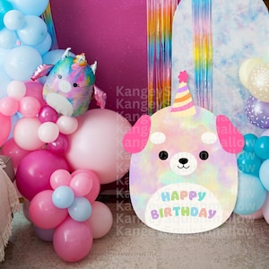 Squishmallows Delenne Birthday Squad Dog Wycinanka Znak, NATYCHMIASTOWE POBIERANIE, Obraz PNG z Przezroczystym Tłem, Znak Dekoracji Urodzinowej