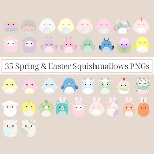 May include: 35 Spring and Easter Squishmallows PNGs.  A collection of colorful plush toys with various animal and spring-themed designs.  Includes a chick, bunny, lamb, butterfly, cow, and more.