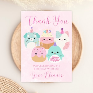 Tarjeta de agradecimiento Squishmallows personalizable, descarga digital, tarjeta imprimible, tarjeta de agradecimiento de fiesta de cumpleaños temática Squishmallows
