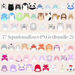 Op de afbeelding: Afbeelding met 57 Squishmallows PNG's, met verschillende dierontwerpen zoals een zebra, panda en pinguïn. De ontwerpen zijn kleurrijk en gevarieerd, met de tekst "57 Squishmallows PNGs (Bundle 2)" onderaan.