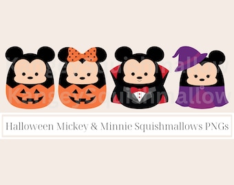 Halloween Mickey & Minnie Mouse Squishmallows PNG Clipart Images with Transparent Backgrounds, INSTANT Download, Vampire Mickey Witch Minnie