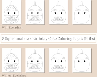 8 pages à colorier pour gâteau d'anniversaire squishmallows (PDF), téléchargement immédiat, pages à colorier squishmallows, fête d'anniversaire squishmallows