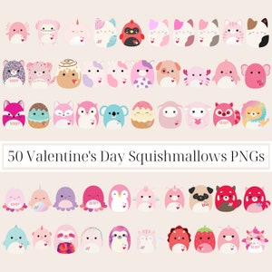 Op de afbeelding: 50 Valentijnsdag Squishmallows in verschillende kleuren en ontwerpen, waaronder dieren, eten en mythische wezens. Elke Squishmallow heeft een hartvormig ontwerp en sommige hebben de tekst "XOXO" erop.