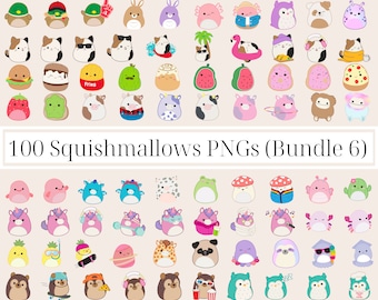 Op de afbeelding: Een set van 100 kleurrijke digitale afbeeldingen van verschillende Squishmallow-karakters. De karakters zijn allemaal in verschillende kleuren en hebben verschillende ontwerpen, waaronder dieren, voedsel en andere objecten. De afbeeldingen zijn perfect voor gebruik in knutselen, scrapbooking of digitaal ontwerp.