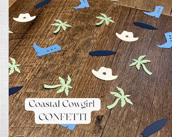 May include: A collection of paper confetti featuring a coastal cowgirl theme. The confetti includes palm trees, cowboy hats, boots, and surfboards in shades of blue, green, and white.