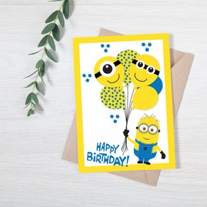 Printable Birthday Card, Digital Birthday Card, Greeting Card - Happy Birthday Minion Balloon
