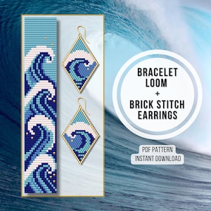 May include: A digital pattern for a bracelet loom and brick stitch earrings. The design features a wave pattern in shades of blue, white, and gold. The earrings are diamond-shaped with gold-coloured hooks. The text on the image reads "Bracelet Loom + Brick Stitch Earrings" and "PDF Pattern Instant Download."