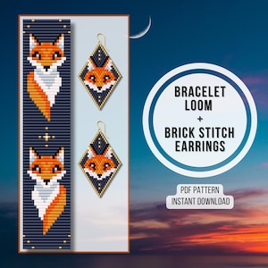 Könnte beinhalten: Ein digitales Muster für Armbandwebstuhl und Ziegelstich-Ohrringe. Das Design zeigt einen Fuchs in orangefarbenen, weißen und schwarzen Perlen. Die Ohrringe sind rautenförmig. Der Text auf dem Bild lautet "Bracelet Loom + Brick Stitch Earrings" und "PDF Pattern Instant Download."