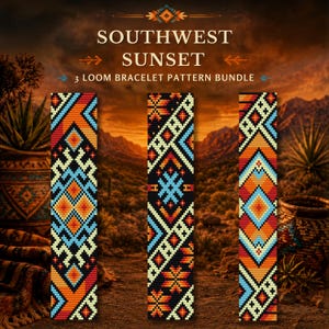 Puede incluir: Tres patrones verticales para pulseras de telar titulados SOUTHWEST SUNSET 3 LOOM BRACELET PATTERN BUNDLE. Cada patrón presenta diseños geométricos en negro, naranja, rojo, amarillo y azul claro, con motivos de diamantes y estrellas.